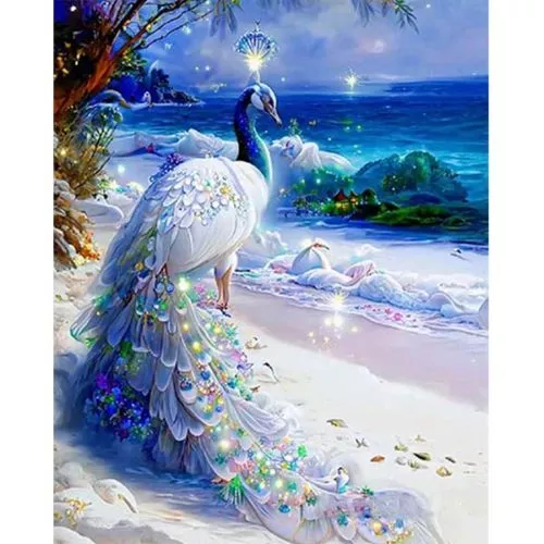 Diamantové-malování-bílý-páv-na-pláži