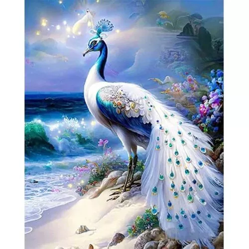 Diamantové-malování-páv-na-pláži-večer--vlny