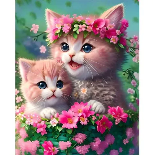 Diamantové-malování-koťata-v-květinách