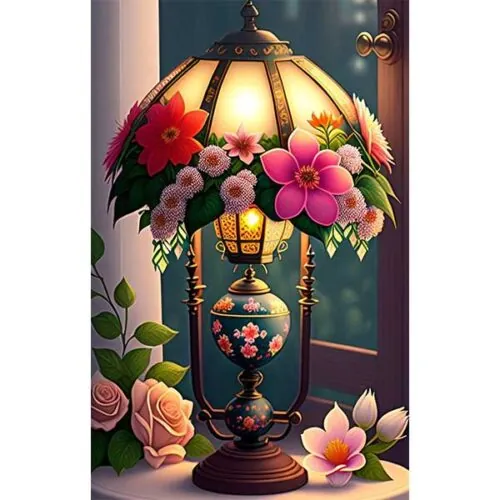 Diamantové malování-lampa-zdobená-kvetinami
